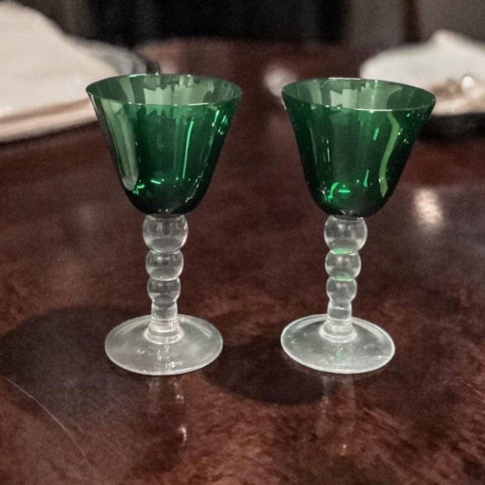 Emerald Green Water Glasses, Set of 2, Vintage Clear Bubble Stem, Stemware